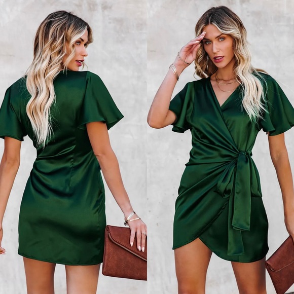 Emerald Green mini wrap dress, size small - Picture 2 of 9